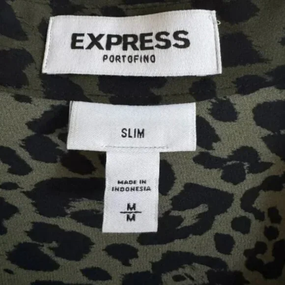 Express Portofino Slim Hunter Green and Black Leopard Print Button-Up - Picture 4 of 5
